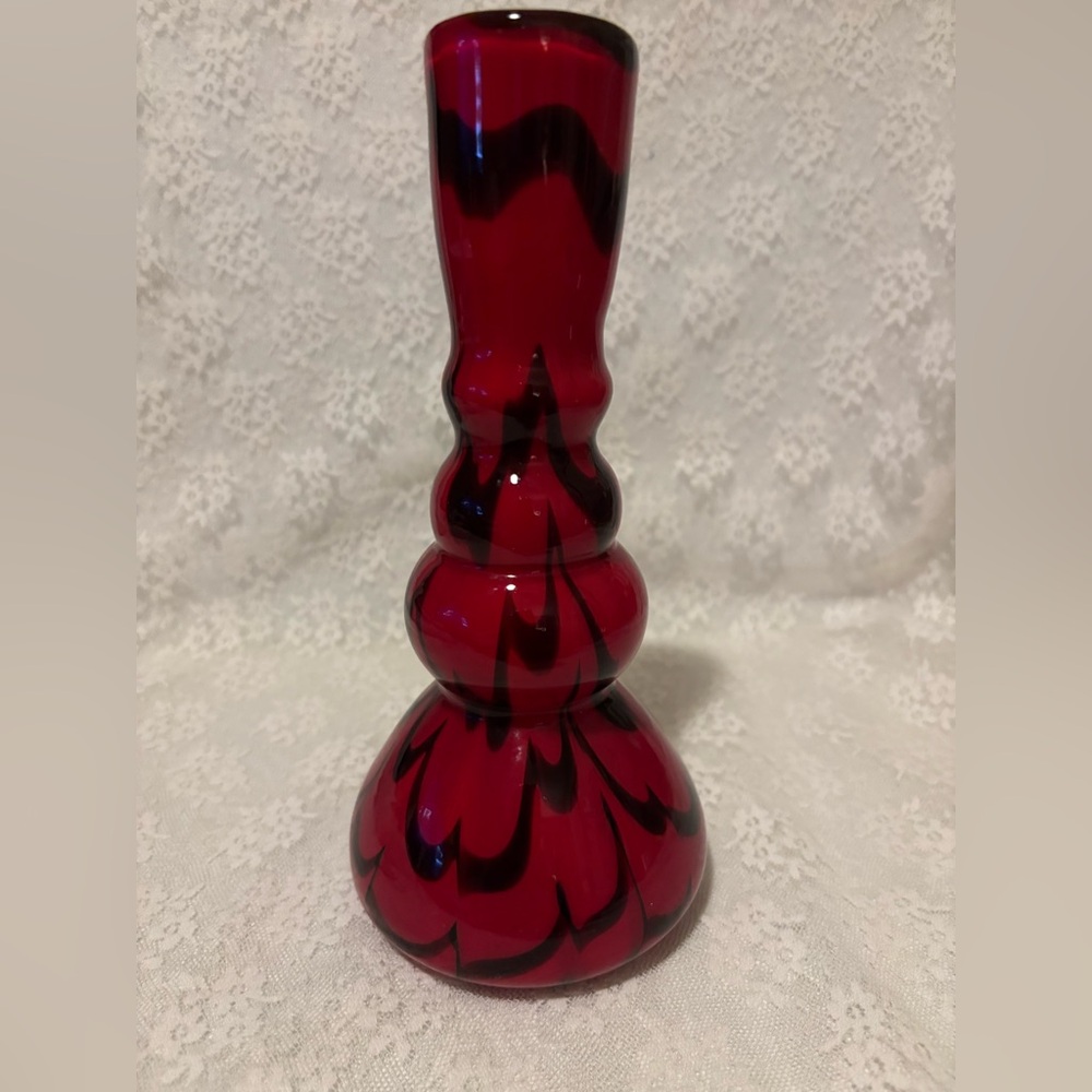 Red And Black Swirls Glass Vase. 9” Tall.